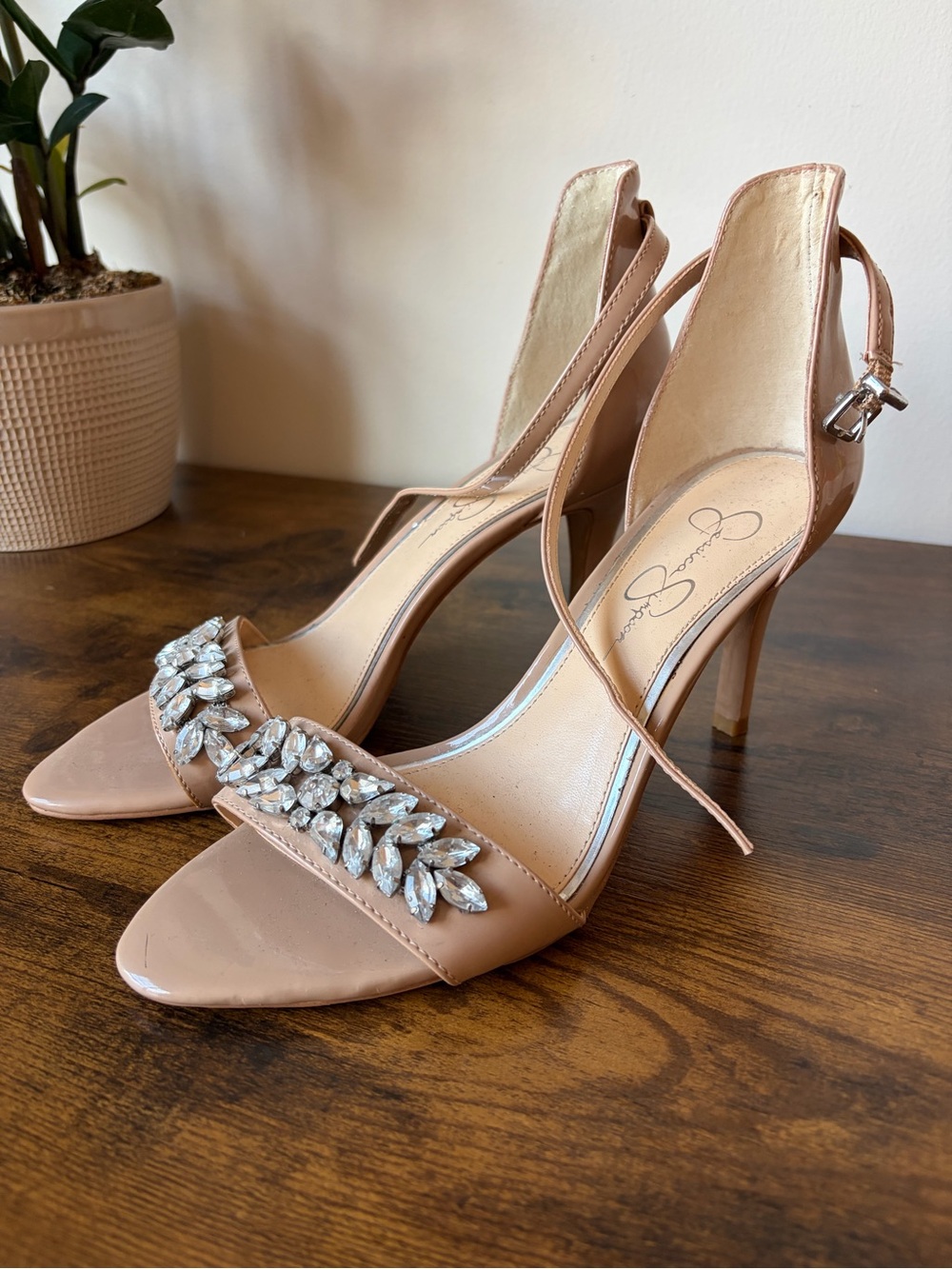 Jessica Simpson Blush Nude Crystal Embellished Open-Toe Heels WORN ONCE